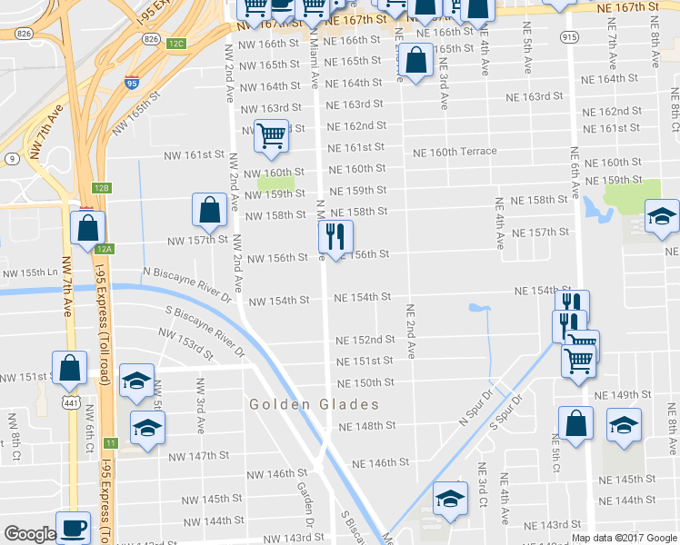 map of restaurants, bars, coffee shops, grocery stores, and more near 26 Northeast 156th Street in Miami