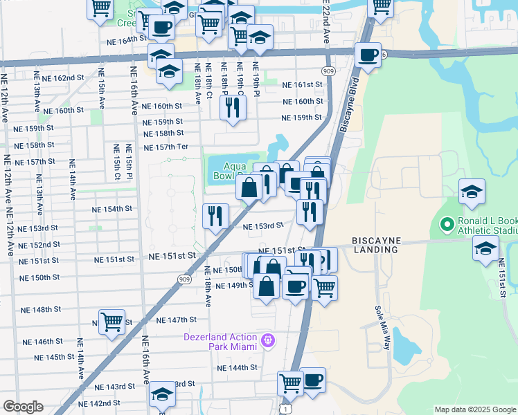 map of restaurants, bars, coffee shops, grocery stores, and more near 1901 Northeast 154th Street in North Miami Beach