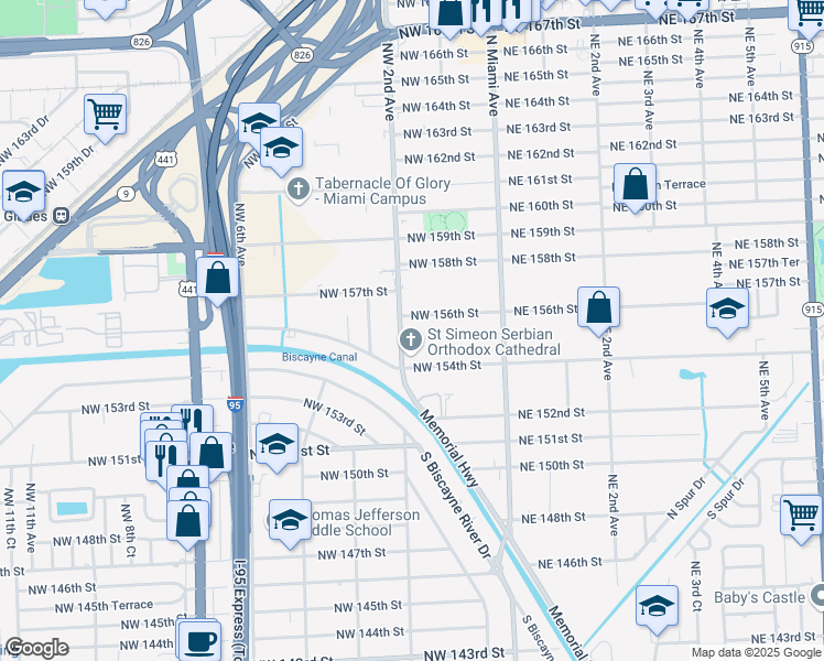 map of restaurants, bars, coffee shops, grocery stores, and more near 15525 Northwest 2nd Avenue in Miami