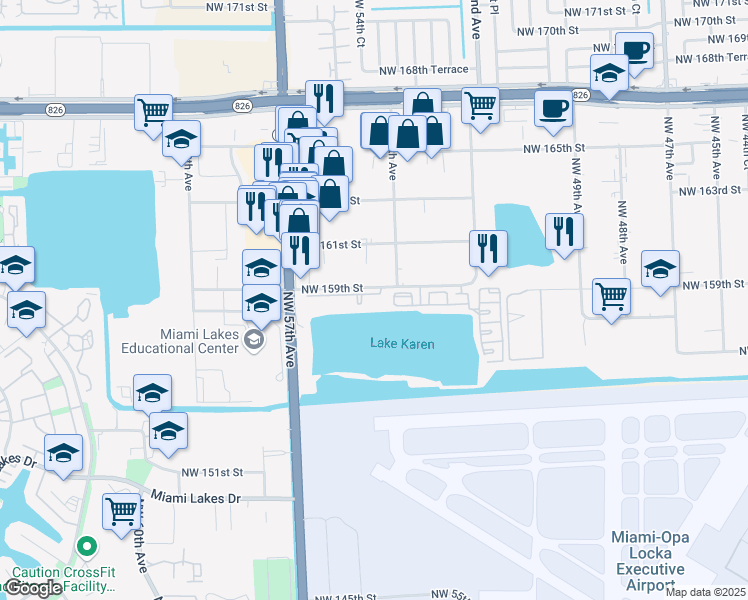 map of restaurants, bars, coffee shops, grocery stores, and more near 5400 Northwest 159th Street in Hialeah