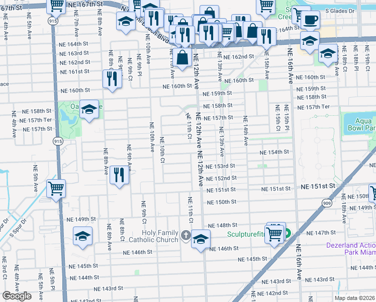 map of restaurants, bars, coffee shops, grocery stores, and more near 1140 Northeast 154th Terrace in North Miami Beach