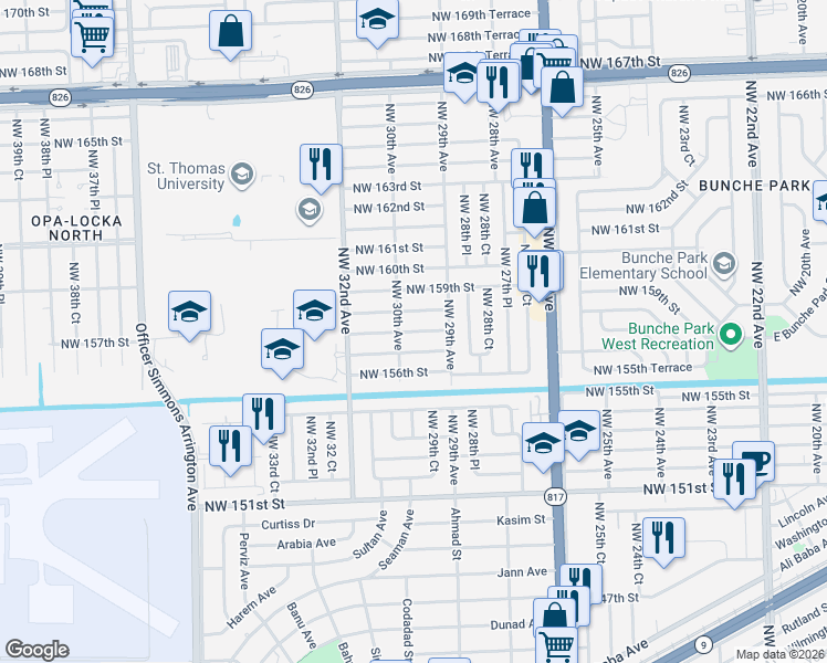 map of restaurants, bars, coffee shops, grocery stores, and more near 2981 Northwest 157th Street in Opa-locka