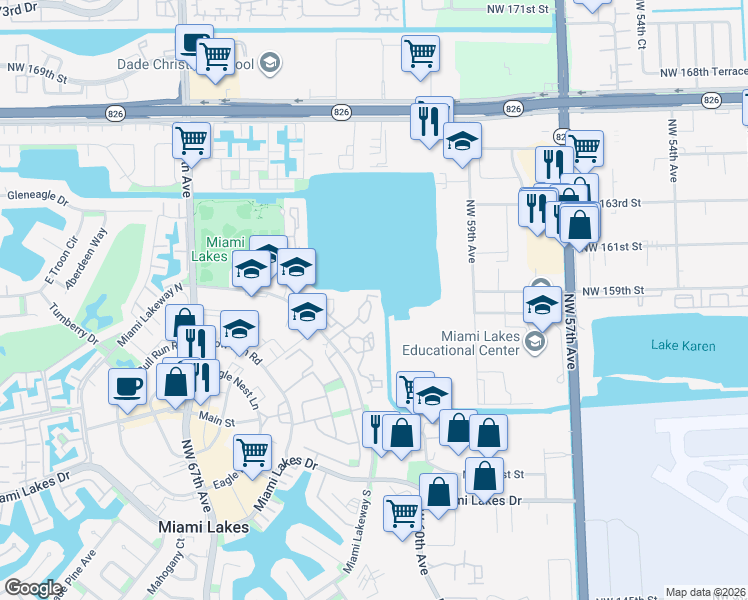 map of restaurants, bars, coffee shops, grocery stores, and more near 15535 Miami Lakeway North in Miami Lakes