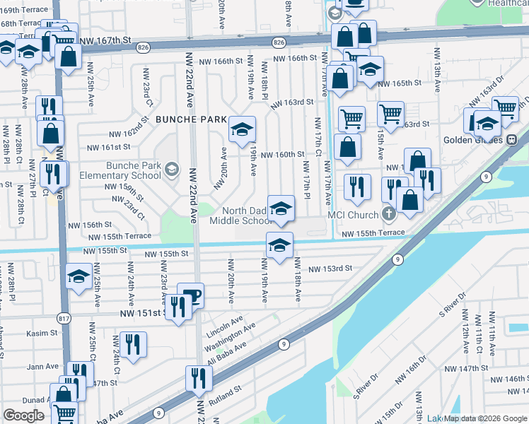 map of restaurants, bars, coffee shops, grocery stores, and more near 1860 Northwest 157th Street in Miami Gardens