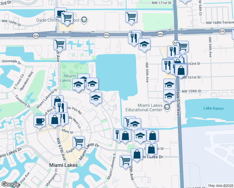 map of restaurants, bars, coffee shops, grocery stores, and more near 15535 Miami Lakeway North in Miami Lakes