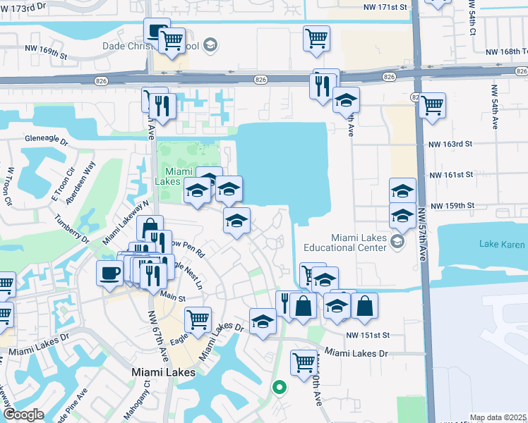 map of restaurants, bars, coffee shops, grocery stores, and more near 15555 Miami Lakeway North in Hialeah