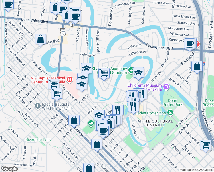 map of restaurants, bars, coffee shops, grocery stores, and more near 25 Calle Jacaranda in Brownsville