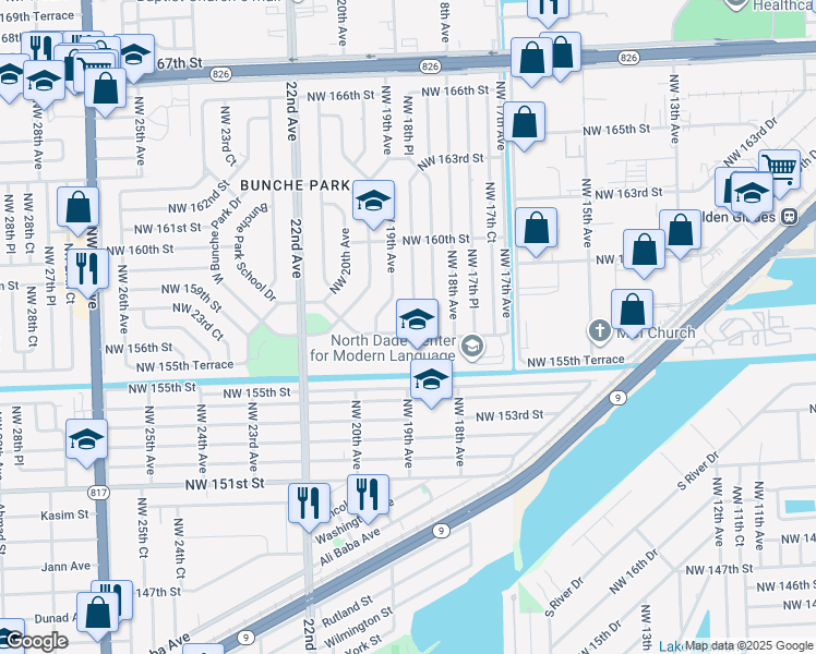 map of restaurants, bars, coffee shops, grocery stores, and more near 1860 Northwest 157th Street in Miami Gardens