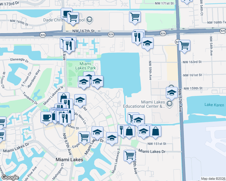 map of restaurants, bars, coffee shops, grocery stores, and more near 15555 Miami Lakeway North in Hialeah