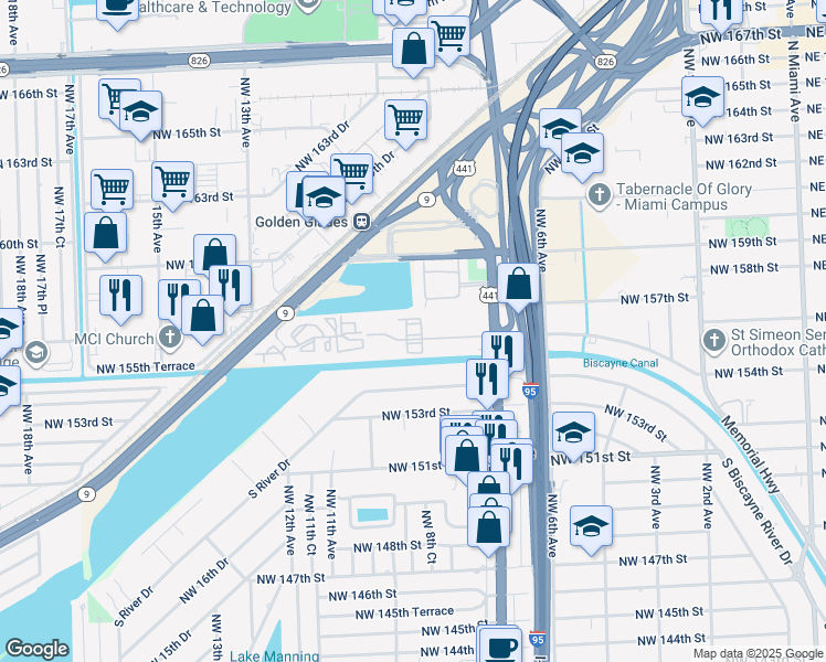 map of restaurants, bars, coffee shops, grocery stores, and more near 865 Northwest 155th Lane in Miami
