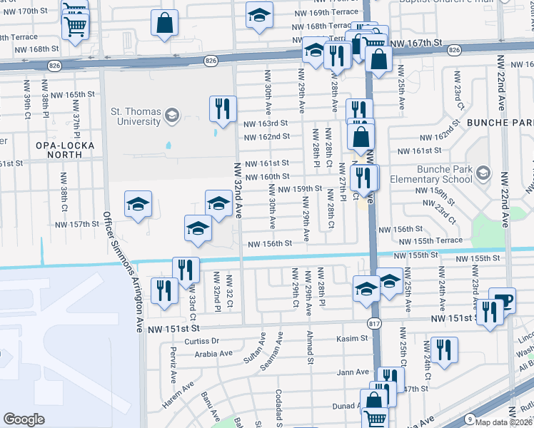 map of restaurants, bars, coffee shops, grocery stores, and more near 2981 Northwest 157th Street in Opa-locka