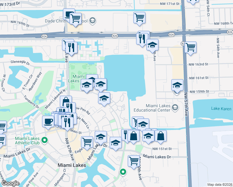 map of restaurants, bars, coffee shops, grocery stores, and more near 15555 Miami Lakeway North in Hialeah
