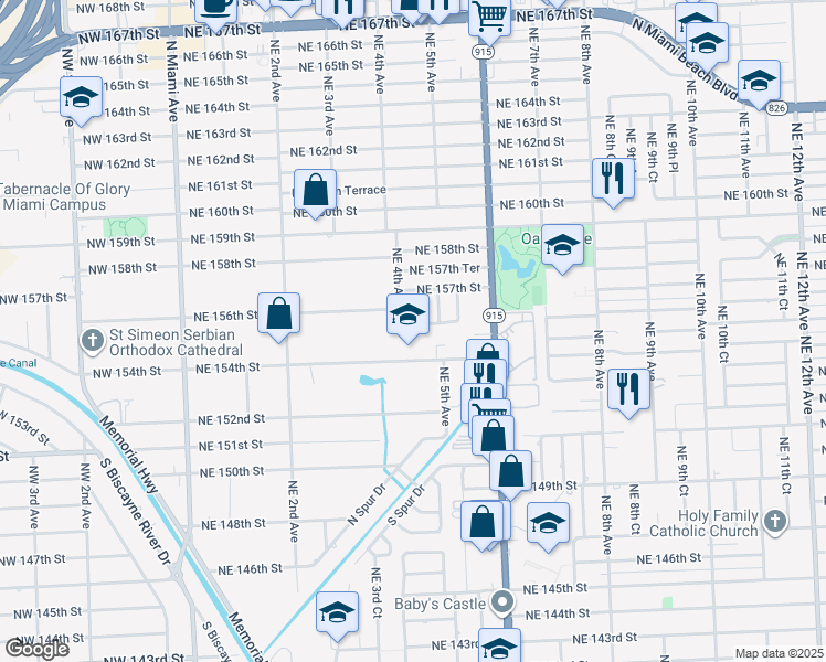 map of restaurants, bars, coffee shops, grocery stores, and more near 420 Northeast 155th Terrace in Miami