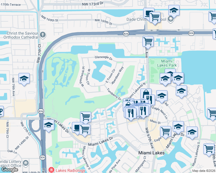 map of restaurants, bars, coffee shops, grocery stores, and more near 15741 Turnberry Drive in Hialeah