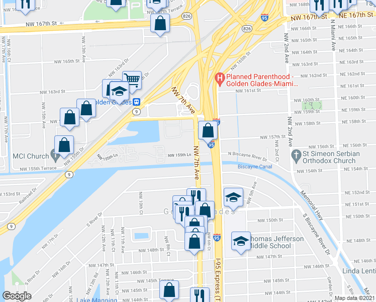 map of restaurants, bars, coffee shops, grocery stores, and more near 15600 Northwest 7th Avenue in Miami