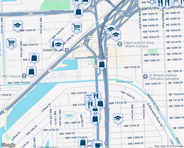map of restaurants, bars, coffee shops, grocery stores, and more near 15600 Northwest 7th Avenue in Miami