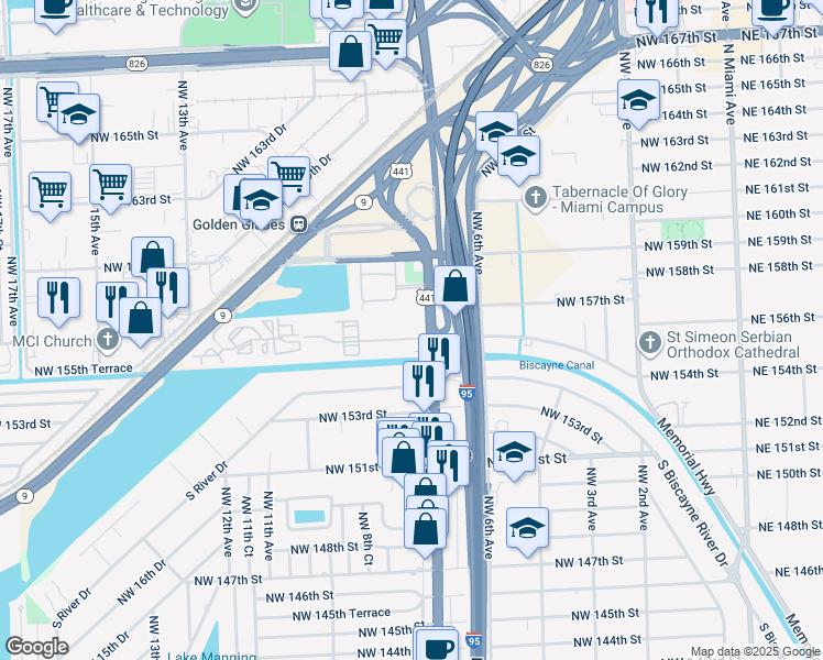 map of restaurants, bars, coffee shops, grocery stores, and more near 15600 Northwest 7th Avenue in Miami