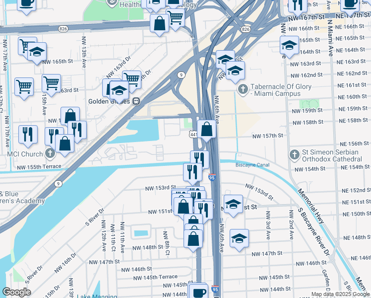 map of restaurants, bars, coffee shops, grocery stores, and more near 15600 Northwest 7th Avenue in Miami