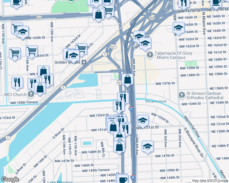 map of restaurants, bars, coffee shops, grocery stores, and more near 15600 Northwest 7th Avenue in Miami