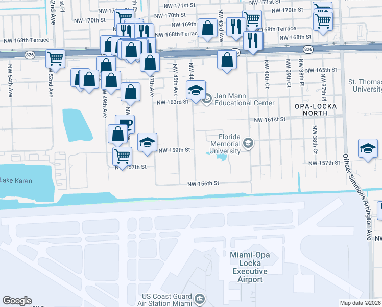 map of restaurants, bars, coffee shops, grocery stores, and more near 15731 Northwest 45th Avenue in Opa-locka