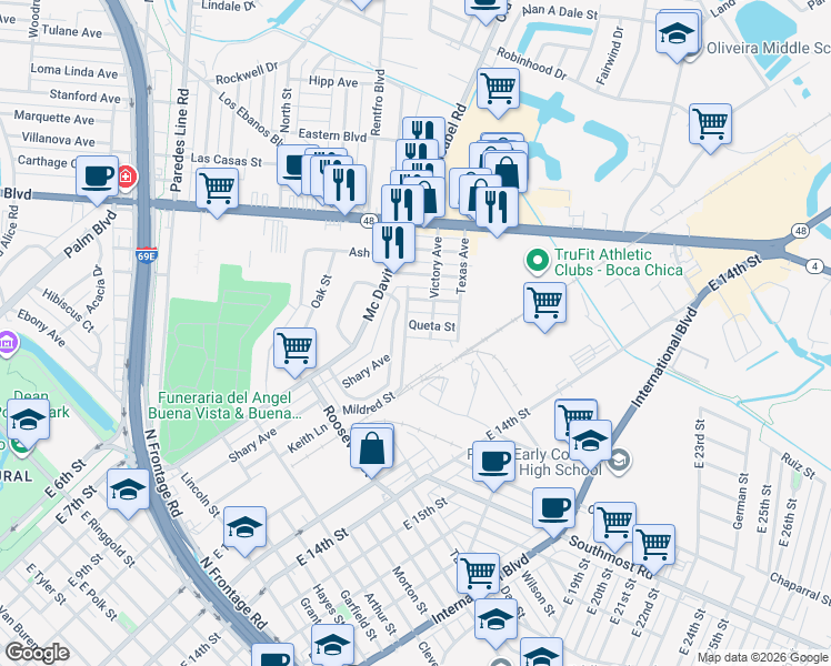 map of restaurants, bars, coffee shops, grocery stores, and more near 714 Villa Verde Drive in Brownsville