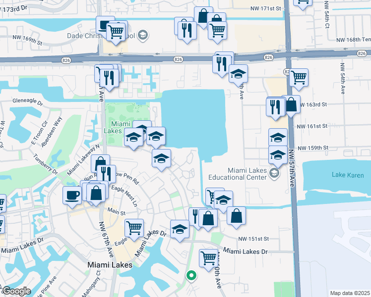 map of restaurants, bars, coffee shops, grocery stores, and more near 15535 Miami Lakeway North in Miami Lakes