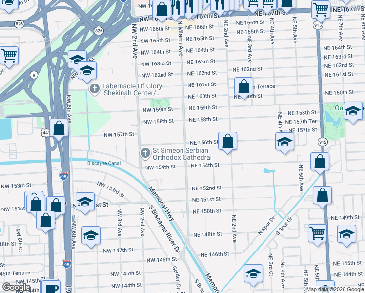 map of restaurants, bars, coffee shops, grocery stores, and more near 31 Northwest 156th Street in Miami