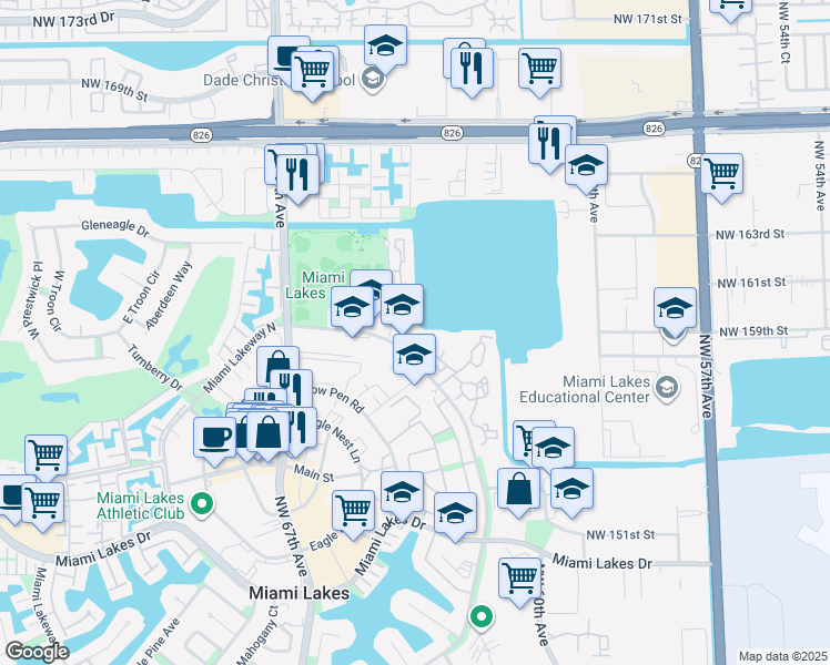 map of restaurants, bars, coffee shops, grocery stores, and more near 15969 Northwest 64th Avenue in Miami Lakes