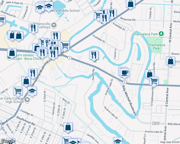 map of restaurants, bars, coffee shops, grocery stores, and more near 3744 Boca Chica Boulevard in Brownsville