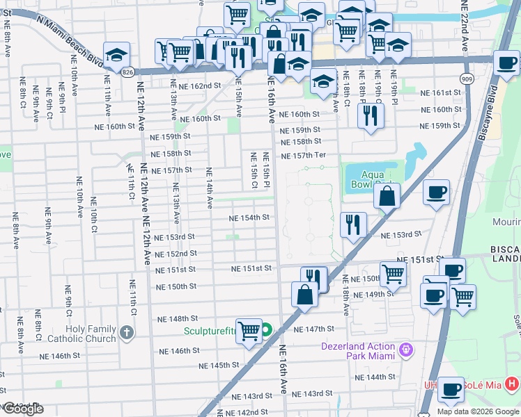 map of restaurants, bars, coffee shops, grocery stores, and more near 1540 Northeast 155th Terrace in North Miami Beach