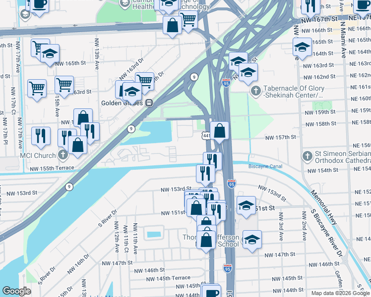 map of restaurants, bars, coffee shops, grocery stores, and more near 777 Northwest 155th Lane in Miami