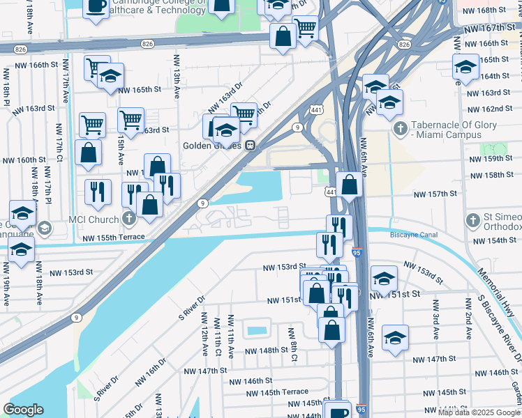 map of restaurants, bars, coffee shops, grocery stores, and more near 1025 Northwest 155th Lane in Miami