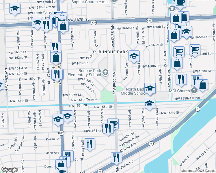 map of restaurants, bars, coffee shops, grocery stores, and more near 15820 Bunche Park School Drive in Miami Gardens
