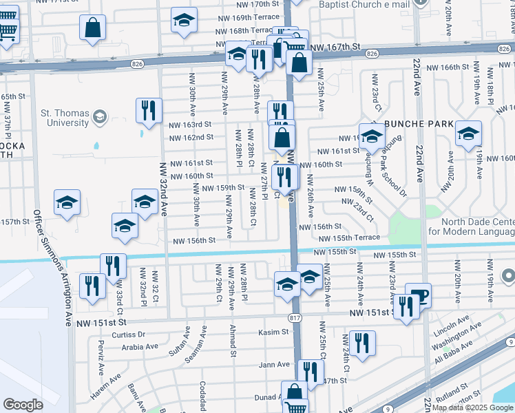 map of restaurants, bars, coffee shops, grocery stores, and more near 15820 Northwest 28th Court in Opa-locka