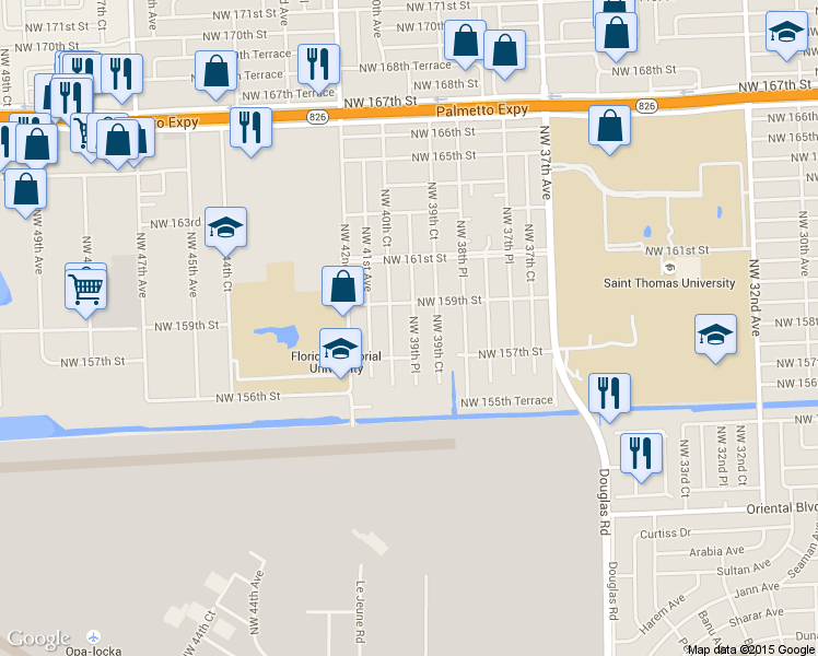 map of restaurants, bars, coffee shops, grocery stores, and more near 4000 Northwest 159th Street in Opa-locka