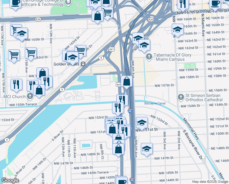 map of restaurants, bars, coffee shops, grocery stores, and more near 15700 Northwest 7th Avenue in Miami