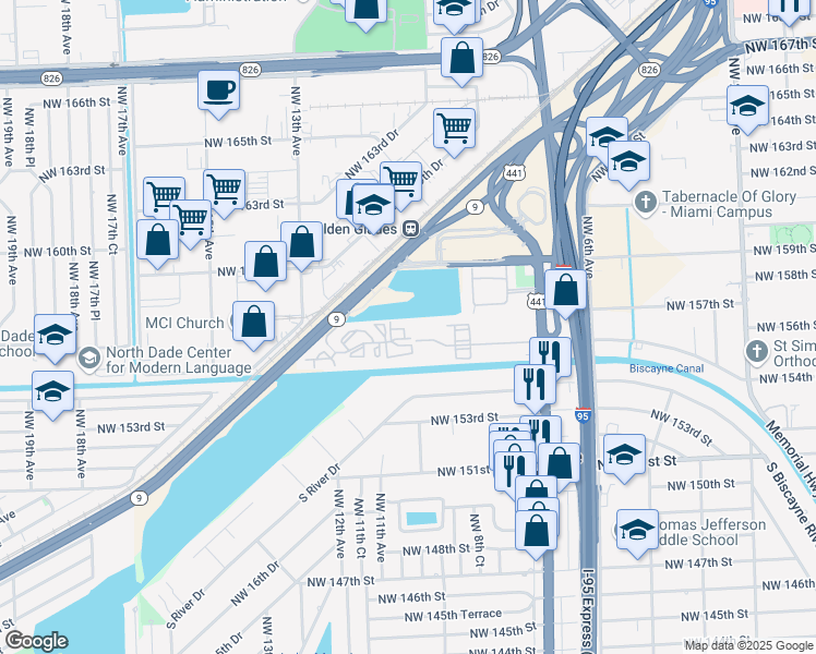 map of restaurants, bars, coffee shops, grocery stores, and more near 1025 Northwest 155th Lane in Miami