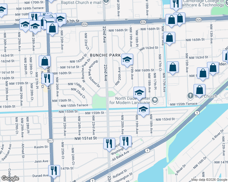 map of restaurants, bars, coffee shops, grocery stores, and more near 15815 Northwest 20th Avenue in Opa-locka