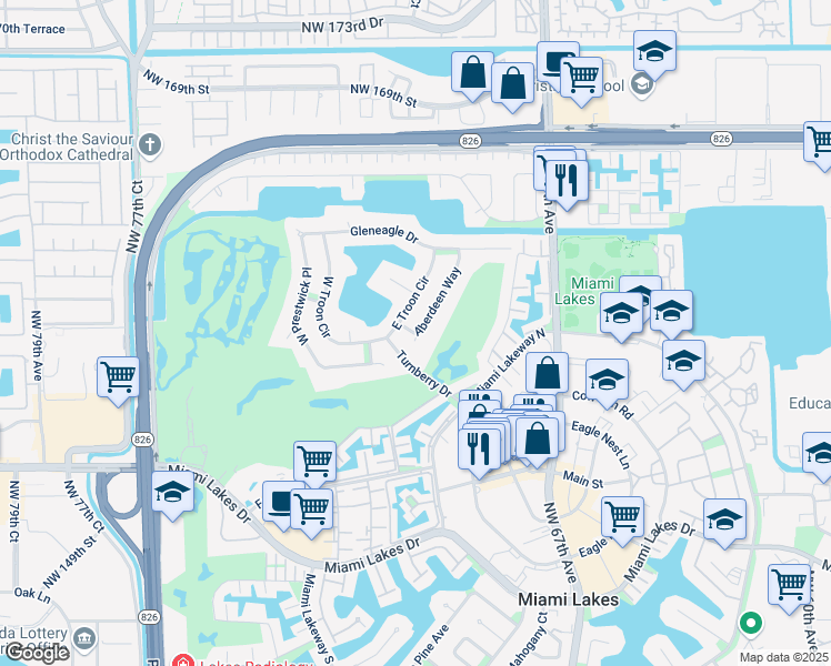 map of restaurants, bars, coffee shops, grocery stores, and more near 8057 Aberdeen Way in Miami Lakes