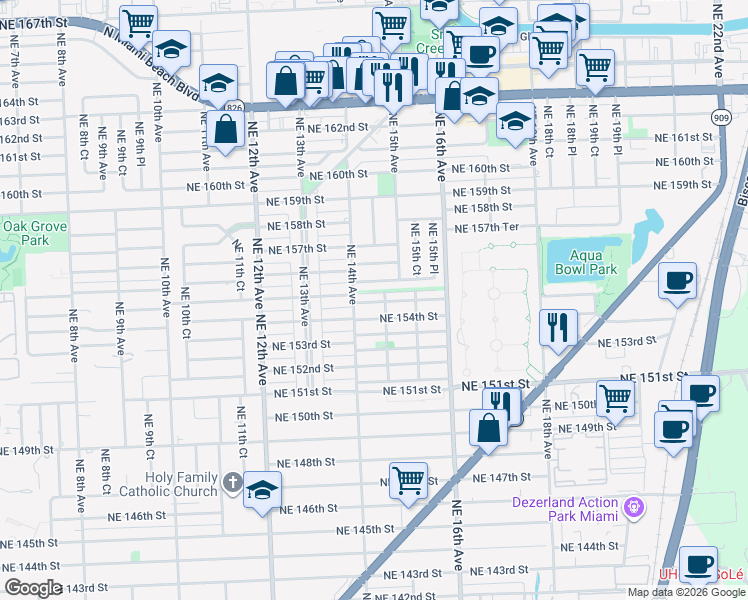 map of restaurants, bars, coffee shops, grocery stores, and more near 1460 Northeast 155th Terrace in North Miami Beach