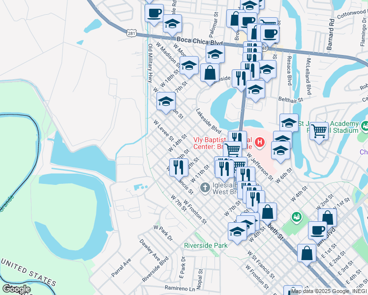 map of restaurants, bars, coffee shops, grocery stores, and more near 1300 West Elizabeth Street in Brownsville