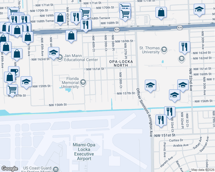 map of restaurants, bars, coffee shops, grocery stores, and more near 15820 Northwest 39th Court in Opa-locka