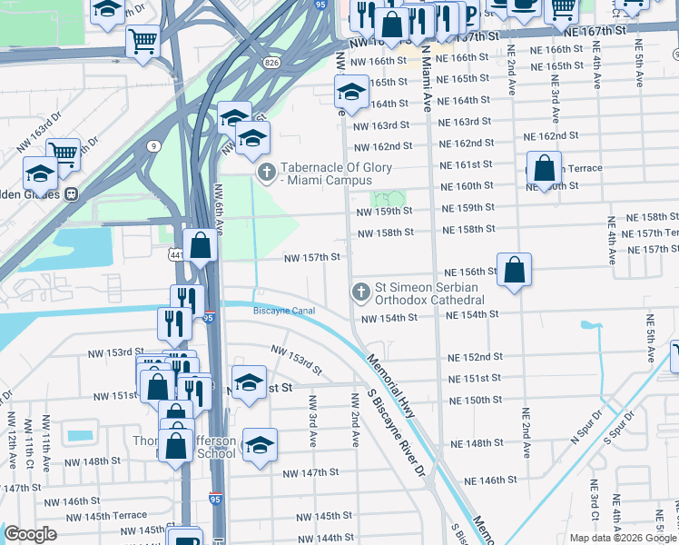 map of restaurants, bars, coffee shops, grocery stores, and more near 15635 Northwest 2nd Court in Miami