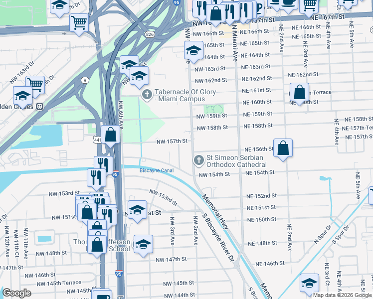 map of restaurants, bars, coffee shops, grocery stores, and more near 15635 Northwest 2nd Court in Miami