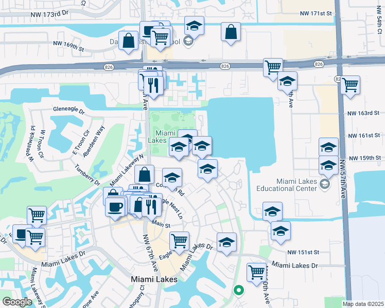 map of restaurants, bars, coffee shops, grocery stores, and more near 6425 Miami Lakeway North in Miami Lakes