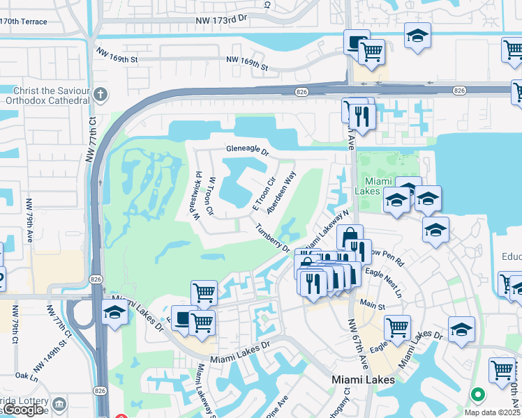 map of restaurants, bars, coffee shops, grocery stores, and more near 8049 Aberdeen Way in Miami Lakes