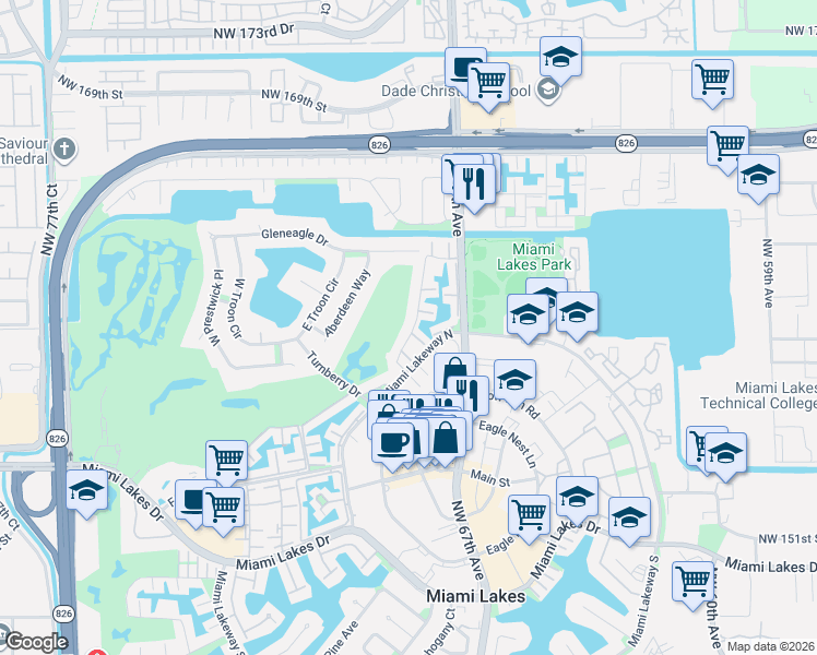 map of restaurants, bars, coffee shops, grocery stores, and more near 15910 Kingsmoor Way in Miami Lakes