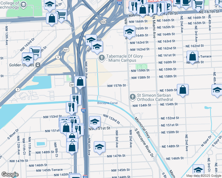 map of restaurants, bars, coffee shops, grocery stores, and more near 320 Northwest 157th Street in Miami