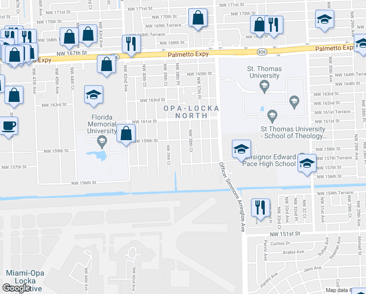 map of restaurants, bars, coffee shops, grocery stores, and more near 15821 Northwest 38th Place in Opa-locka