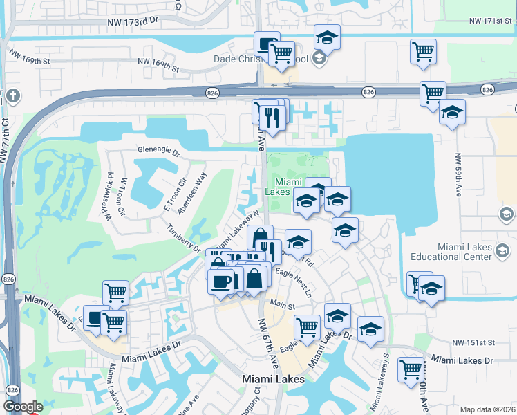map of restaurants, bars, coffee shops, grocery stores, and more near 15892 Kilmarnock Drive in Miami Lakes